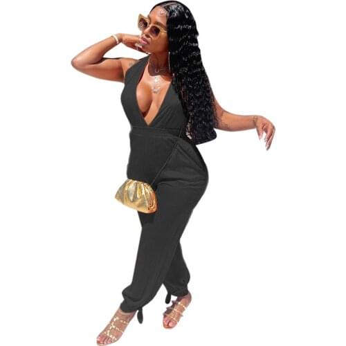 Casual Women Jumpsuit Sleeveless Deep V-neck Solid Color Streetwear Sportwear Loose Long Romper Women Jumpsuit
