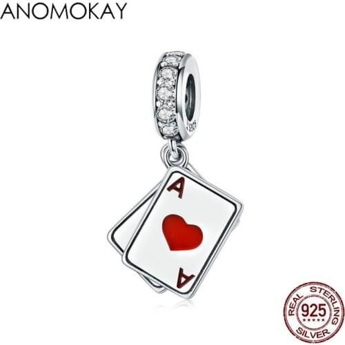 Anomokay Sterling 925 Silver Double Poker Ace Pendant Charm for Bracelet Bangle S925 Silver Breloque Bead for DIY Jewelry Making
