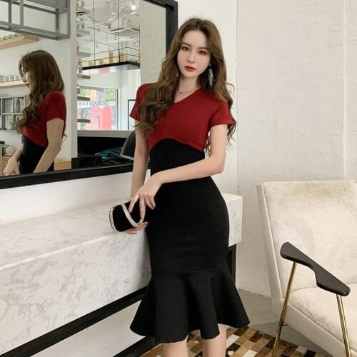 2020 Women V Neck Short Sleeve Dresses Autumn Sexy Party Bodycon Mermaid Dresses Office Patchwork Vintage High-end Bandage Dress