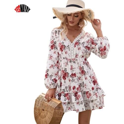 Autumn Summer Dresses For Women 2021 Vintage Floral Long Sleeve Dress V-neck Vestidos Mujer Lace White Mini Lolita Woman Dress