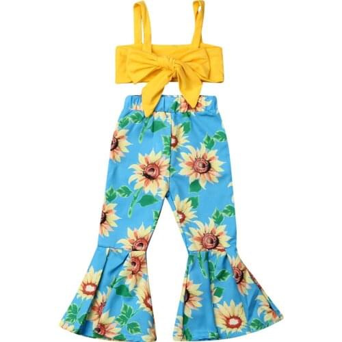 2-7Years Toddler Kid Baby Girl Clothes Sunflower Strap Crop Tube Tops+Floral Long Flare Pants Casual Outfits Set 2PCS