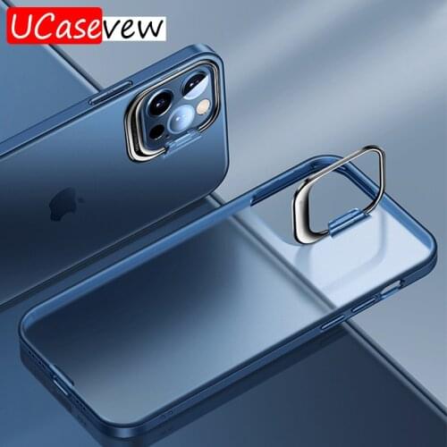 Fashion Luxury Metal Kickstand Phone Case For iPhone 12 Mini 12 Pro Max Hard PC Shockproof Clear Cover Funda Coque Stand Holder