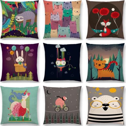 Hot Sale Colorful Cartoon Cute Animals Happy Life Lovely Bunny Tiger Unicorn Bear Fox Owl Sloth Fun Cushion Sofa Throw Pillow