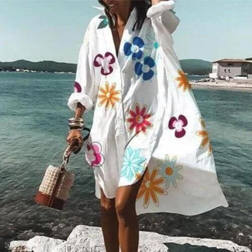 Summer Women Dresses Long Sleeve Floral Leaf Print Single-breasted Shirt Dress Plus Size Loose Beach Party Vestidos Robe Blouse