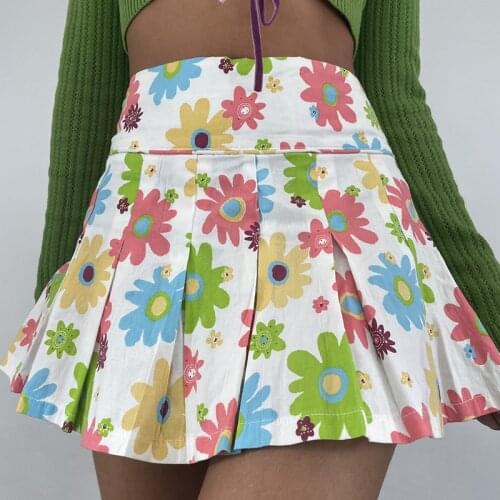 Summer new sweet flower print high waist slim pleated skirt