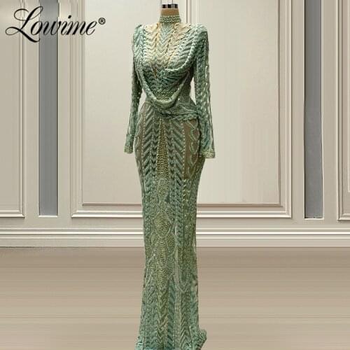 Lowime Green Beading Saudi Arabia Evening Dresses Custom Made Long Sleeves Celebrity Dresses Formal Middle East Party Gowns Robe
