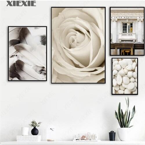 Wall Art Canvas Painting White Rose Flower Stone Feather Nordic Posters and Prints Landscape Wall Pictures for Living Room Decor