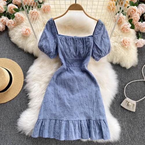 Womens Summer Dress French Retro Square Collar Solid Color Ruffled Puff Sleeve Short Dress New Waist Slim Feamle Dresses DE683