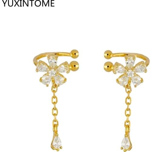 925 Sterling Silver Dainty CZ Flower-shaped Ear Cuff Earrings With Dangling Chain Earrings for Women Gift