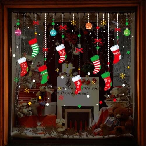 Christmas Window Sticker Self Adhesive Hanging Snowman Christmas Balls Tree Wreath Santa Claus Pendant Wall Sticker New Year
