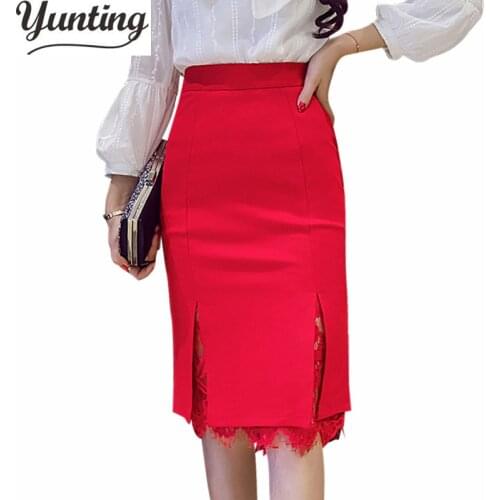 S-5XL Plus Size Black Red Pencil Skirt Lace Pencil Skirts Womens Spring Summer Tight Sexy High Waist Knee-length Bodycon Skirt