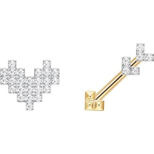 SOELLE Fashion Real 925 Sterling Silver Yellow Gold Color Asymmetric Love Heart and Cupids Arrow AB Stud Earrings Women Jewelry