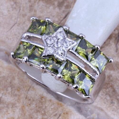 Trendy Green Peridot Silver Plated Star Ring Size 6 / 7 / 8 / 9 R0201