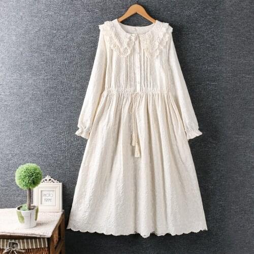 Spring New WomenS Sweet Little Fresh Double-Layer Lace Doll Collar Solid Color Cotton Linen Long Loose Dress