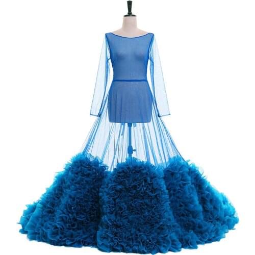 Women Blue Wraps Lady Sleepwear Custom Made Jewel Long Sleeves Women Bathrobe Sheer Nightgown Robe Prom Bridesmaid Shawl