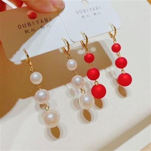Elegant Simulated Pearl Women Long Earrings Red White Round Pearl Wedding Pendant Earrings Korean Fashion Jewelry Earrings