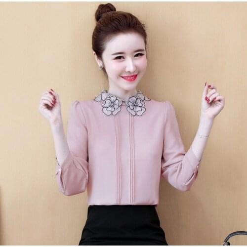 Women Spring Summer Style Chiffon Blouses Shirts Lady Casual Stand Collar Flower Chiffon Blusas Tops ZZ0828