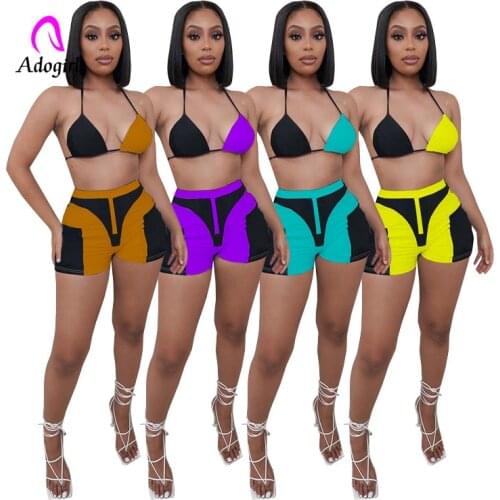 Bikini Suit 2021 Summer New Color Block Women 2 Piece Set Halter Bra + Skinny Biker Shorts Sexy Backless Beachwear Bathing Suit