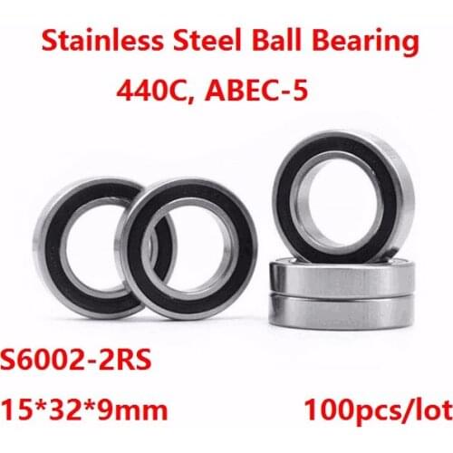100pcs/lot ABEC-5 S6002-2RS S6002RS Stainless steel 15*32*9 mm Deep Groove Ball bearing Double Rubber cover 15×32×9 mm
