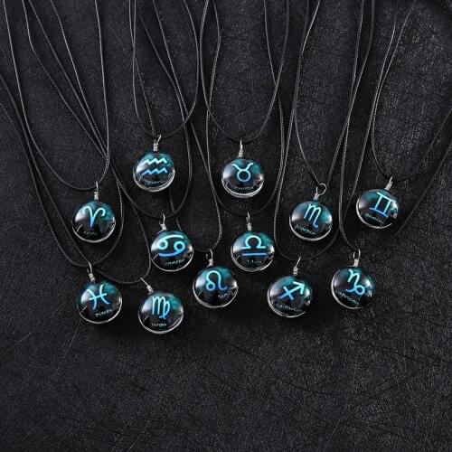 12 Constellation Time Gem Pendant Necklace Classic Black Rope Collarbone Chain Creative Couple Pendant Jewelry for Women Men