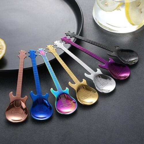 7Pcs/Set Guitar Shape Coffee Mixing Spoon Stainless Steel Dessert Ice Cream Spoon Teaspoons Flatware Drinking Tools Dinnerware
