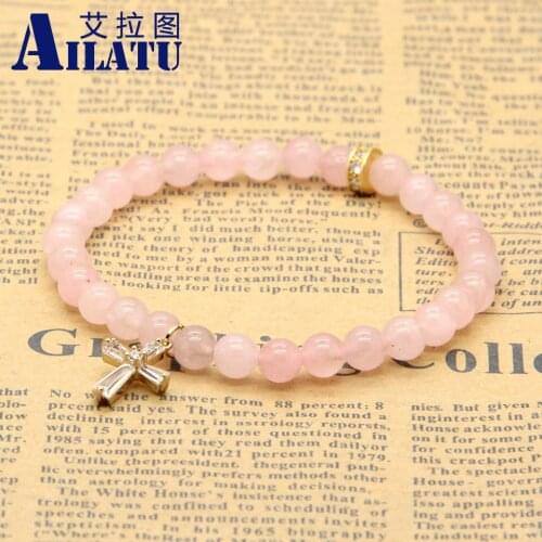 Ailatu 6mm Natural Pink Quatz Crystal Stone Beads Micro Paved Clear Zircons Spacer Cz Beads Cross Bracelet