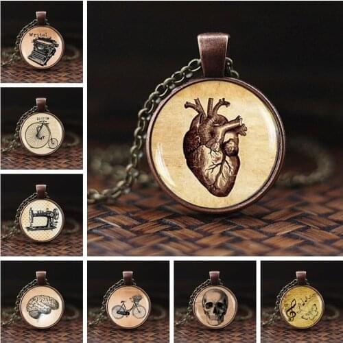Anatomical Heart Necklace Vintage Jewelry Anatomy Heart Glass Dome Cabochon Pendant Bronze Long Chain Necklace Women