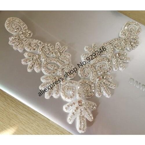 Clear crystal rhinestone neckline applique beaded strass neckline hotfix for wedding dress gown garment collar sewing decoration