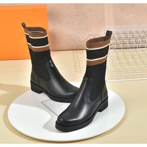 Classic Genuine Leather Womens Boots High Quality Brand Boots Winter Ankle Womens Boots Stretch Fabric Boots With Plus Size42