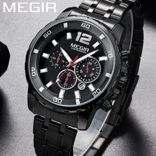 MEGIR Watch Waterproof Chronograph Military Male Clock Top Brand Luxury Black Stainless Steel Business Man Sport Wristwatch 2068