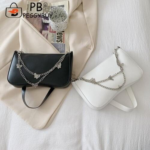 Elegant Solid Color Women Underarm Bags Portable Butterfly Chain Zipper Shopping Shoulder Bags Small PU Leather Handbags