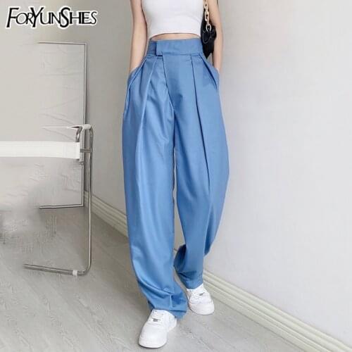 FORYUNSHES 2021 White High Waist Straight Wide Leg Suit Pants Women Harem Trousers Pockets Office Korean Fashion Black Pantalon