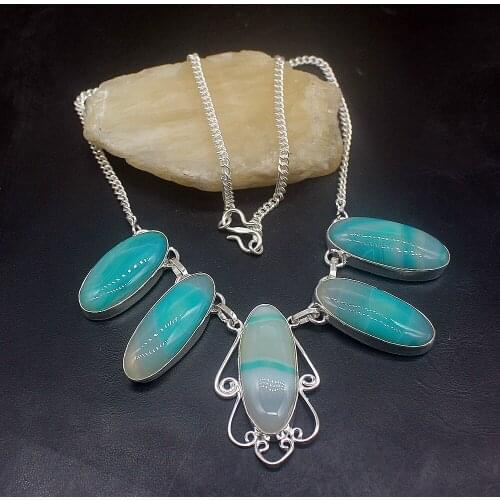 Hermosa Jewelry Adorable Charm Green BotswanaAgate Silver Color Chain Necklace for Women Ladies Gift 17 Inch FQ63