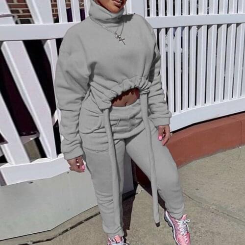 Two Piece Set High Neck Crop Top Drawstring Women Velvet Tracksuit Jogger Pants Sportswear Sweat Suit Loungewear 2 Piece Set Pcs