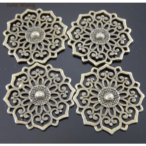Julie Wang 5pcs Mini Hollow Round Bohemia Flowers Charms Antique Bronze Pendant Handmade Hanging Craft Accessory Jewelry Making