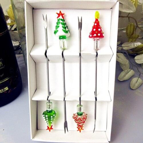 Custom cute handmade murano glass christmas tree fruit fork set miniature tableware stainless steel Cocktail Cake dessert sticks