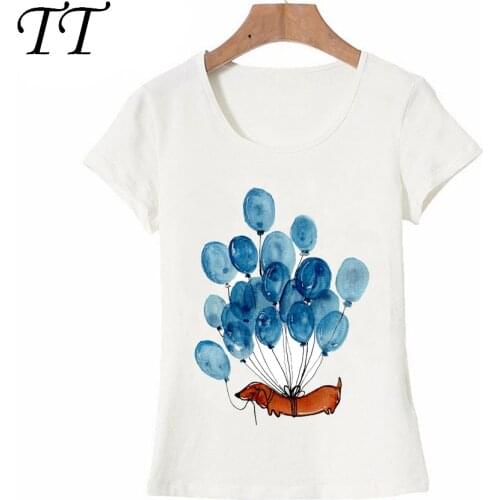 New Summer Women t-shirt Blue Dachshund dog and balloons Watercolor Art T-Shirt Casual Tops novelty Tee Cute girl Short Sleeve