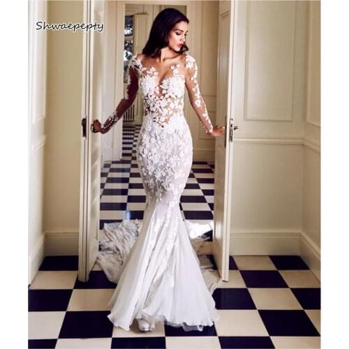 Summer Boho Mermaid Wedding Dress Long Sleeve Lace Appliques Beach Bridal Gowns Court Train Sexy Bride Formal Dresses