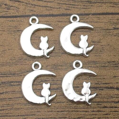 Cat And Moon Charms 30PCS/Lot 18×22mm Cat On Moon Jewelry Accessories Fairy Pendant Charm Bracelet Tibetan Silver-RS112