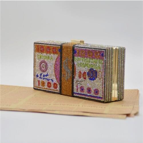 Full Diamonds Dollars Box Dinner Clutch Bags Women New Luxury Rhinestones Small Squre Money Evening Handbags Chic Purses Party