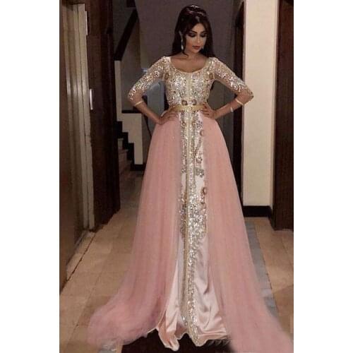 Pink Muslim Evening Dresses A-line 3/4 Sleeves Tulle Appliques Beaded Moroccan Kaftan Dubai Saudi Arabic Long Evening Gown