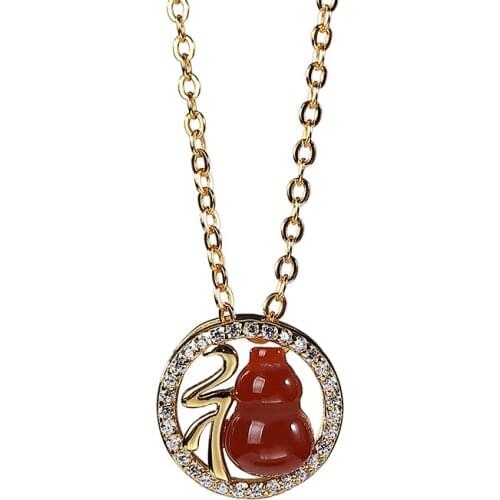S925 sterling silver gold plated southern red agate pendant vintage gourd Fu word hollow out ladies clavicle chain sets of chain