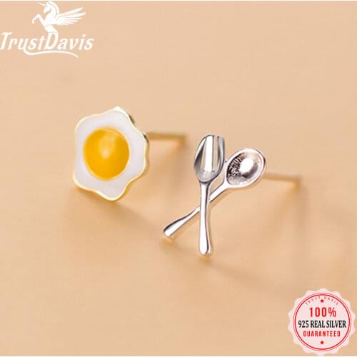 Trustdavis 925 Sterling Silver Fashion Asymmetric Knife Fork Poached Egg Stud Earrings for Women Lady Party S925 Jewelry DA1214