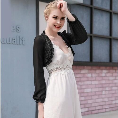 White Black Chiffon Long Sleeve Wedding Jacket Bolero For Women Lace Shrug Wedding Accessories Cape Dress Mariage Bridal Wraps
