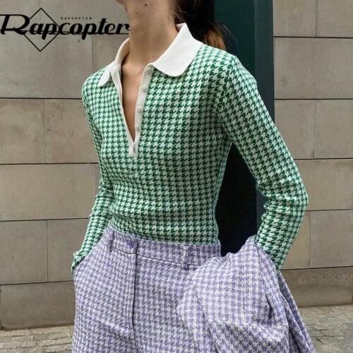 Rapcopter Houndstooth Knitted Bodysuits y2k Retro Long Sleeve Bodycon Turn Down Collar Elegant Playsuits Slim Fashion Rompers