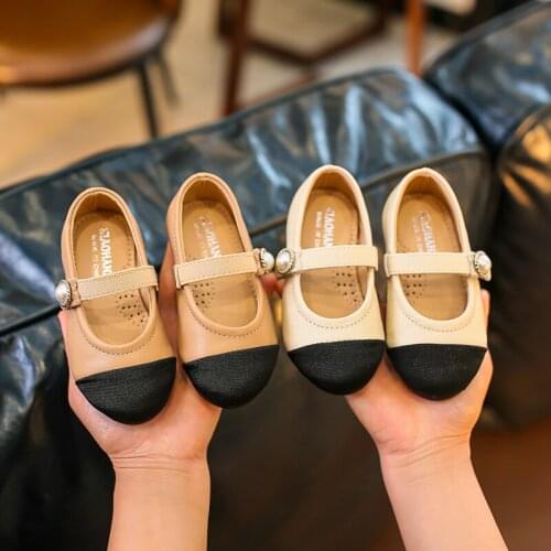 PU Leather Color Stitching Girls Shoes Shallow Mouth Girls Small Shoes Soft Bottom Pearl Buckle Stage Princess Shoes EUR 24-29