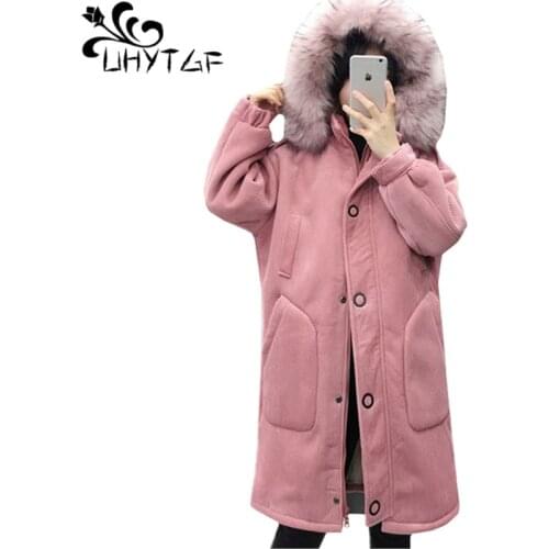 UHYTGF Winter Parker Women High quality corduroy thicken Women cotton coat Plus velvet hooded Windproof Warm Plus size coats 374