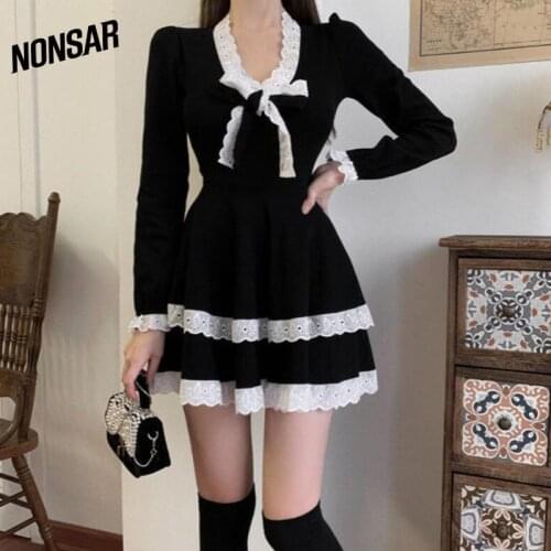 NONSAR Spring Black French Long-Sleeved Lace 2021 New Waist Temperament V-Neck Fairy Lace Dress Beautiful Women