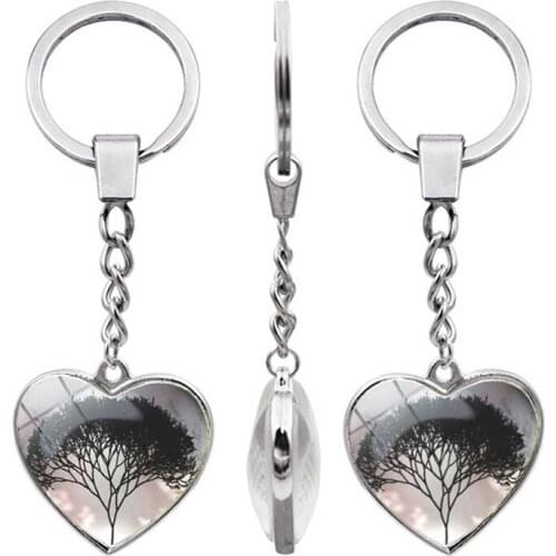 WG 1pc Tree of Life Double Sided Heart Cabochon Keychain Keyring Pendant Metal Keychain For Women Bag Charm Jewelry