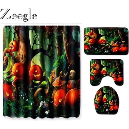 Zeegle Halloween Christmas Bath Curtain waterproof Shower Curtain Bathroom Carpet Set Non-slip Toilet Pedestal Rug Foot Mat